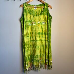 Neon Beachwear Tie Dye Gecko Fringe Sleeveless Beach‎ Cover Up Dress Green XL